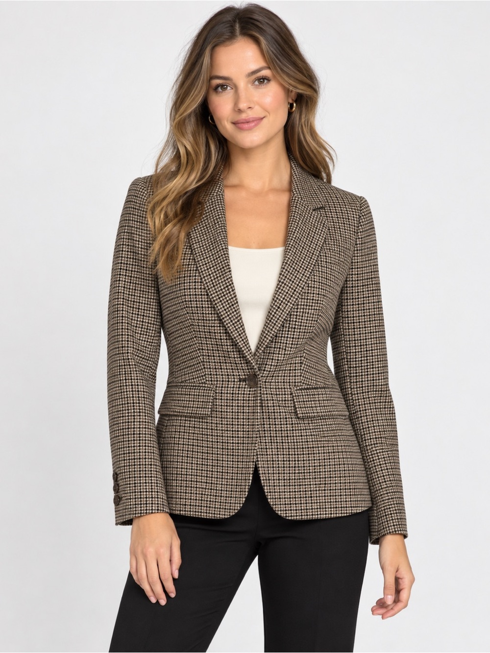 H&M Women's Size 4 Houndstooth Plaid Blazer Brown Beige One Button Tailored